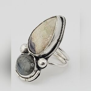 JASPER & LABRADORITE STATEMENT RING HANDMADE IN STERLING SILVER METAL SIZE 8.5